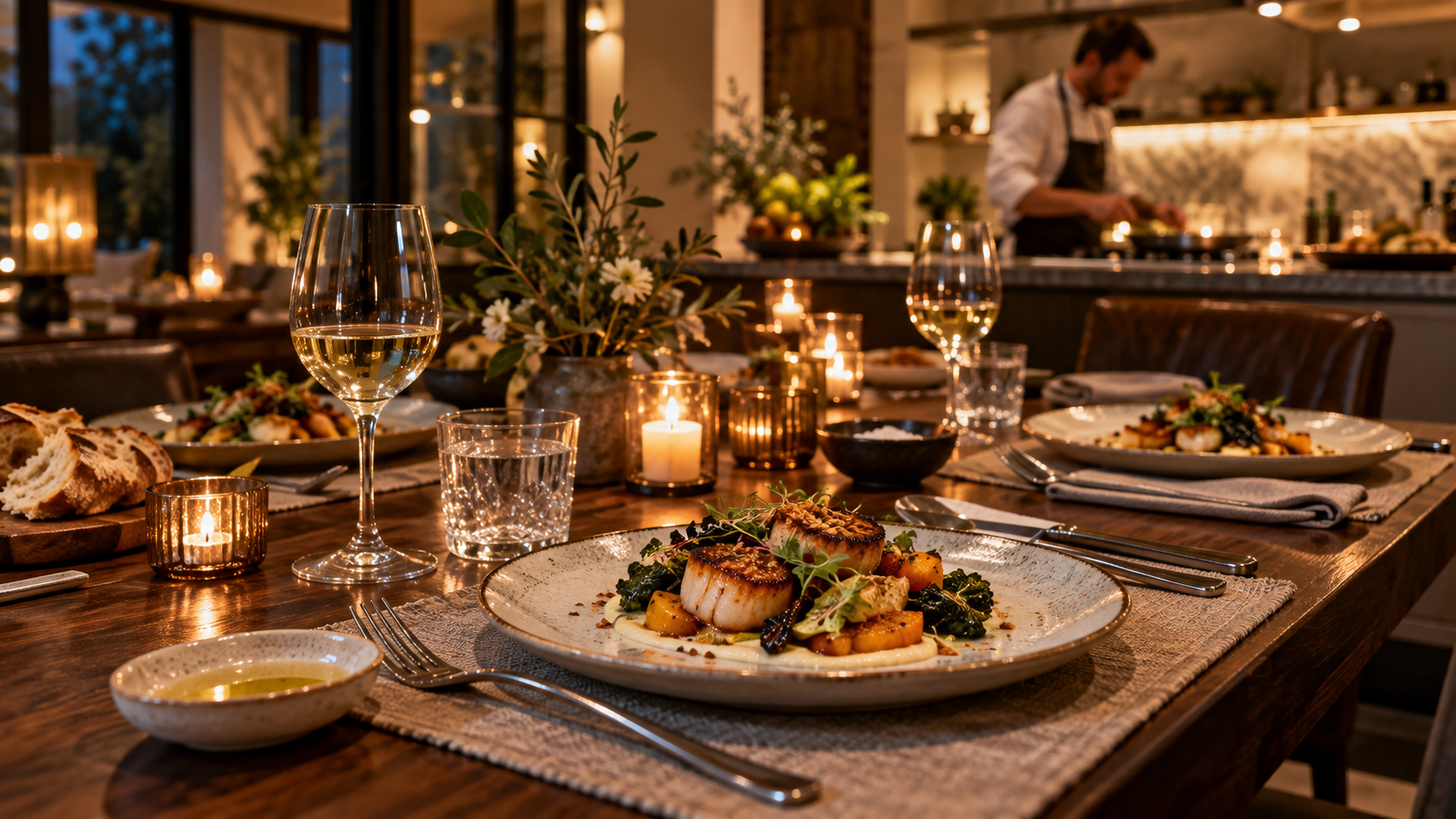 Beautifully plated dinner and candlelit table in a private home